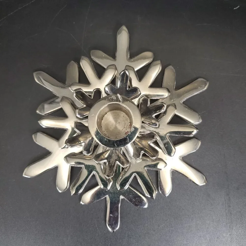 Crate & Barrel Silver Snowflake Taper Candle Holder Shiny Metal Decor